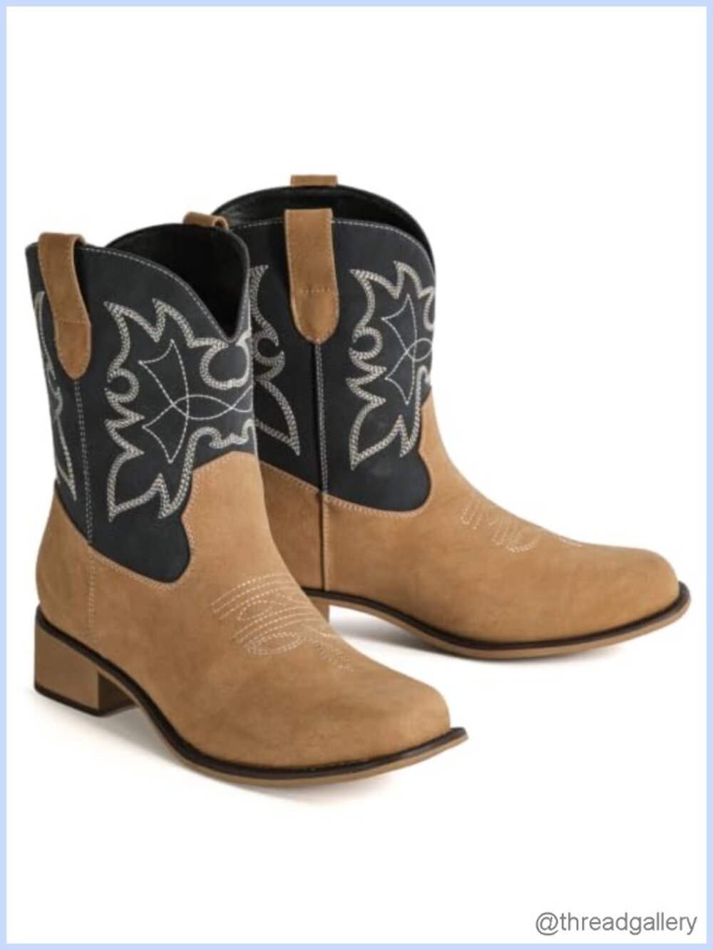 Women's Square Toe Embroidered Western Ankle Boots Pull-On Faux Leather